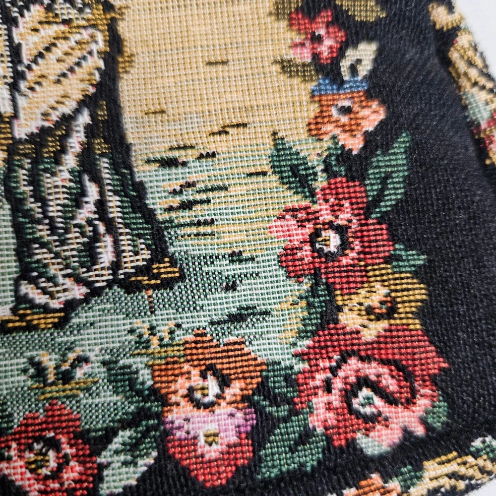 Vintage Walborg Tapestry Clutch Bag Floral Pastoral Scene Kiss Lock Japan - Picture 7 of 8